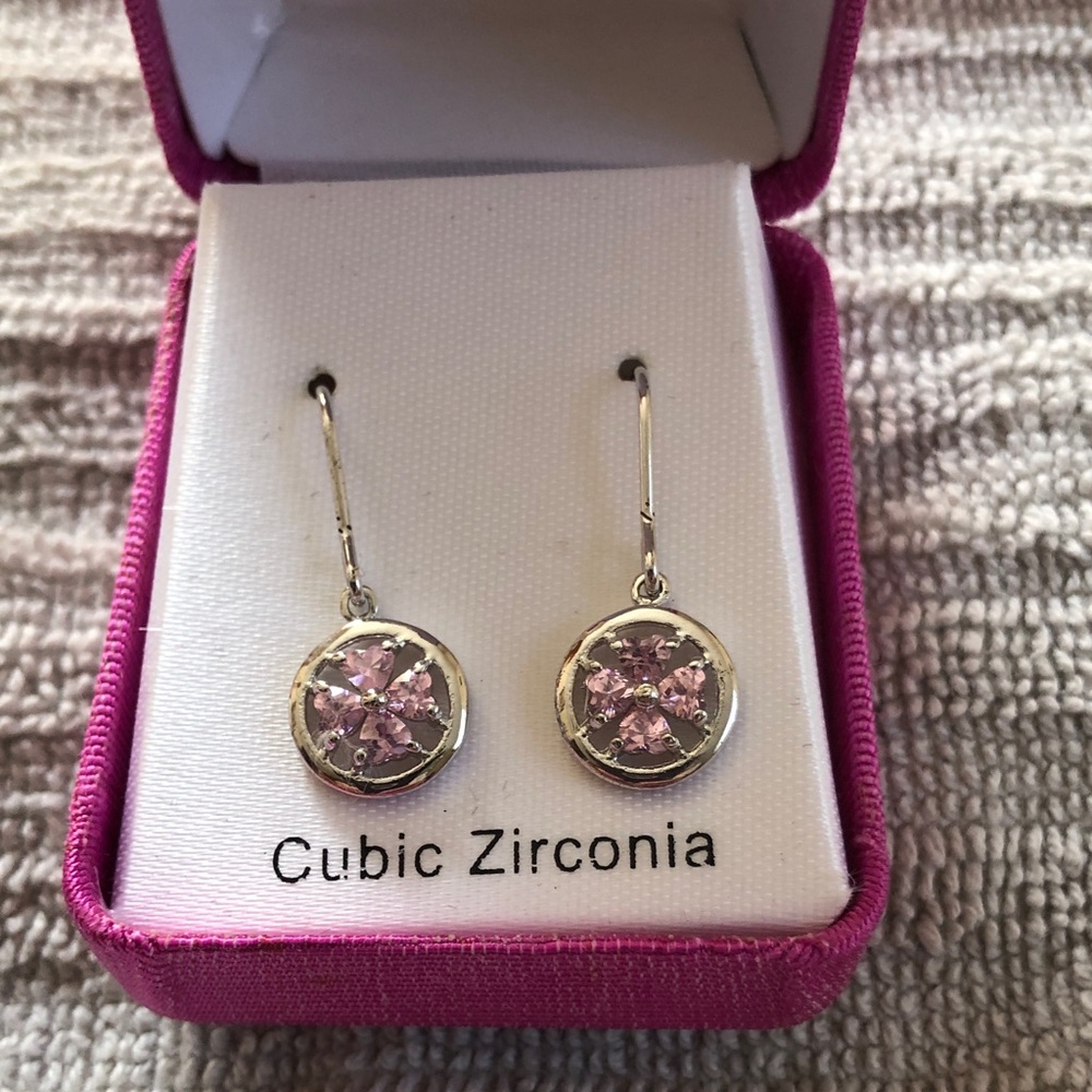 Pink Cubic Zirconia Drop Earrings in Silver-Tone Setting